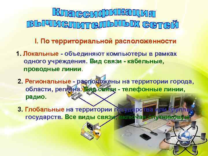 I. По территориальной расположенности 1. Локальные - объединяют компьютеры в рамках одного учреждения. Вид