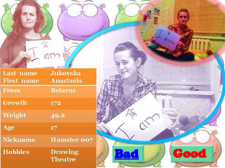 Last name First name Jukovska Anastasia From Belarus Growth 172 Weight 49. 2 Age