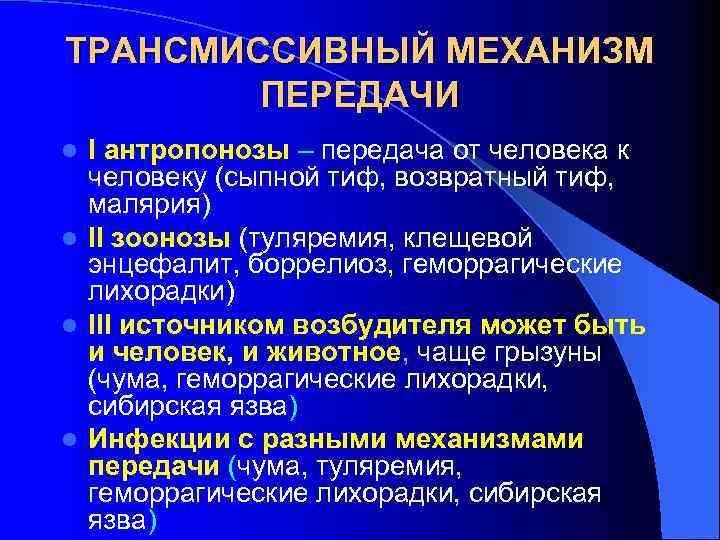 ТРАНСМИССИВНЫЙ МЕХАНИЗМ ПЕРЕДАЧИ І антропонозы – передача от человека к человеку (сыпной тиф, возвратный