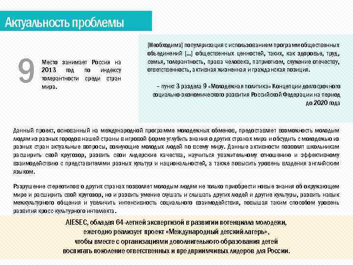 Актуальность проблемы 9 Место занимает Россия на 2013 год по индексу толерантности среди стран