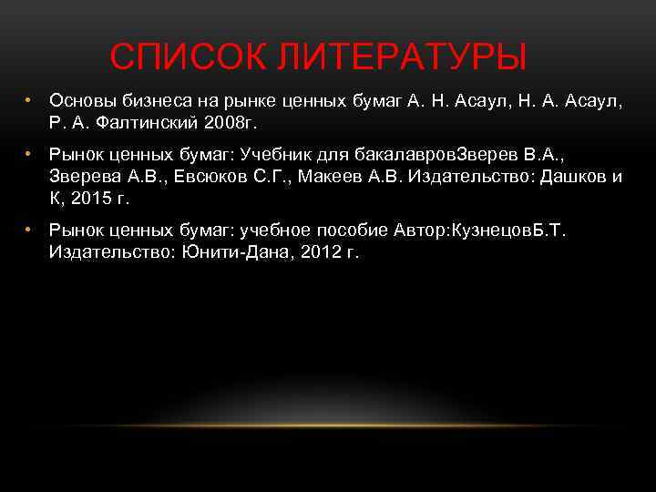 СПИСОК ЛИТЕРАТУРЫ • Основы бизнеса на рынке ценных бумаг А. Н. Асаул, Н. А.