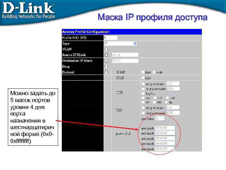 Маска IP профиля доступа Можно задать до 5 масок портов уровня 4 для порта