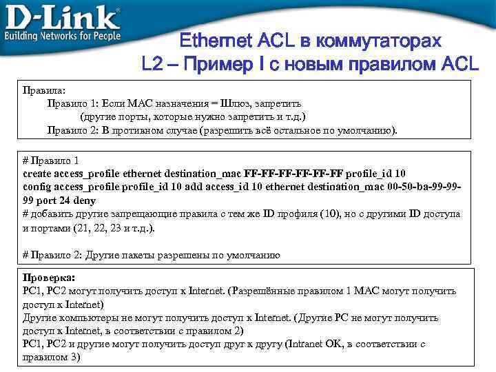 Ethernet ACL в коммутаторах L 2 – Пример I с новым правилом ACL Правила: