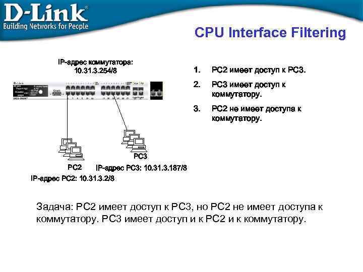 CPU Interface Filtering IP-адрес коммутатора: 10. 31. 3. 254/8 1. PC 2 имеет доступ