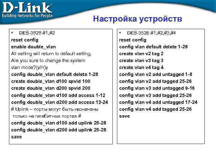 Настройка устройств • DES-3828 #1, #2 reset config enable double_vlan All setting will return