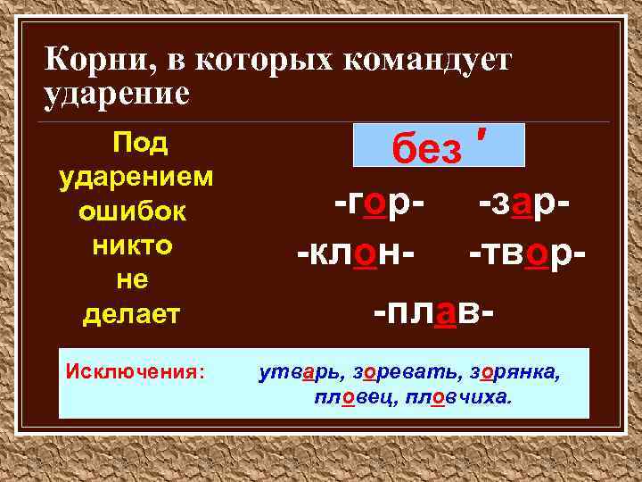 Чередующиеся гласные в корне слова исключения. Чередование корней ударение. Чередование с ударением. Чередование зависит от ударения. Чередование гласных в корне зависит от ударения.