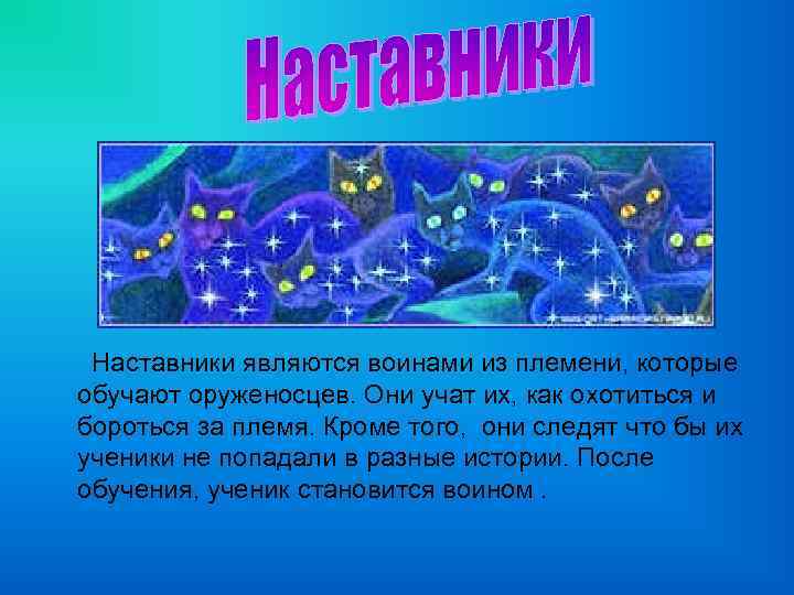 Наставники являются воинами из племени, которые обучают оруженосцев. Они учат их, как охотиться и