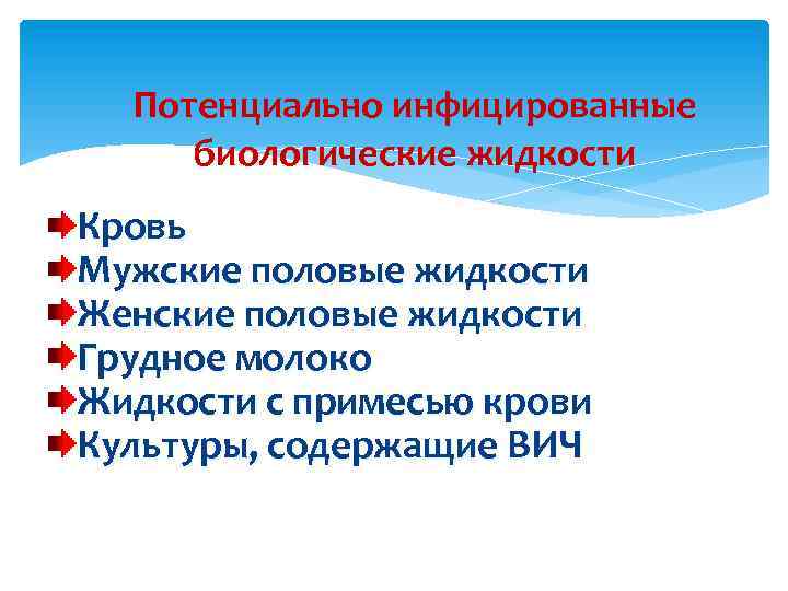 Потенциально инфицированные биологические жидкости Кровь Мужские половые жидкости Женские половые жидкости Грудное молоко Жидкости