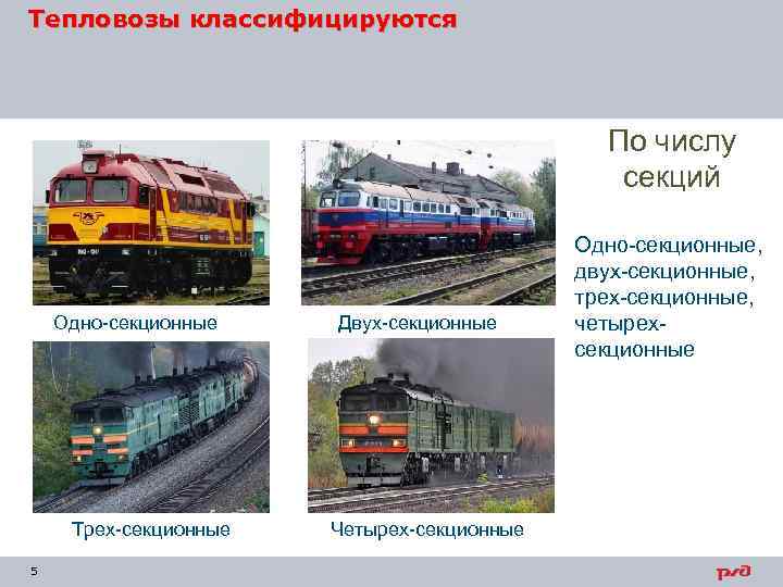 Тепловозы классифицируются По числу секций Одно секционные Трех секционные 5 Двух секционные Четырех секционные