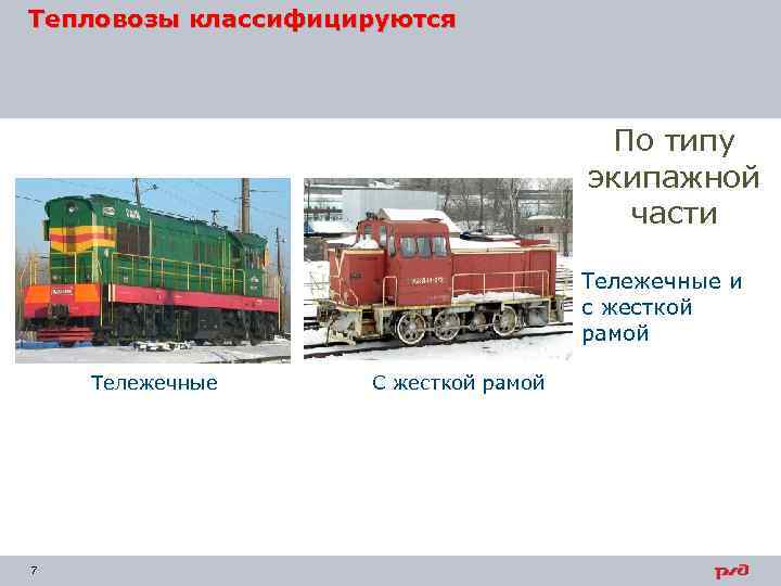 Тепловозы классифицируются По типу экипажной части Тележечные и с жесткой рамой Тележечные 7 С