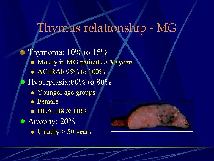 Thymus relationship - MG Thymoma: 10% to 15% l l Mostly in MG patients