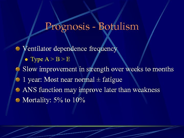 Prognosis - Botulism Ventilator dependence frequency l Type A > B > E Slow