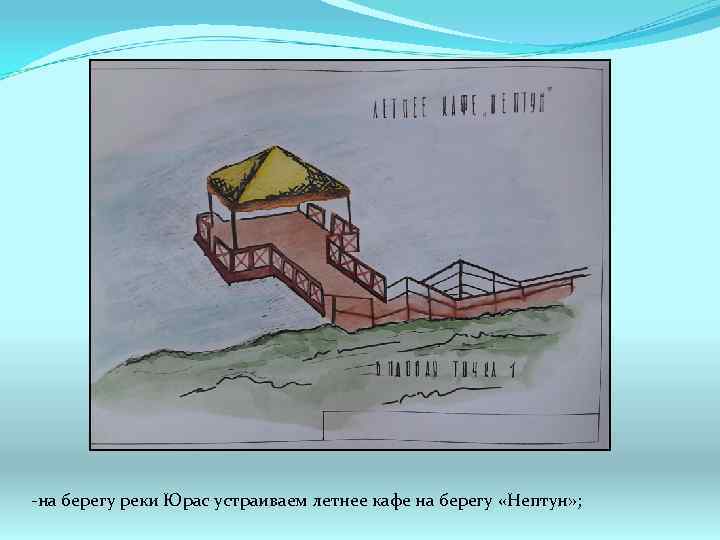 -на берегу реки Юрас устраиваем летнее кафе на берегу «Нептун» ; 