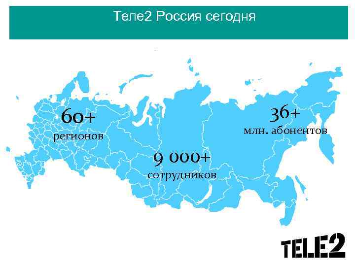 Теле 2 Россия сегодня 36+ 60+ млн. абонентов регионов 9 000+ сотрудников 