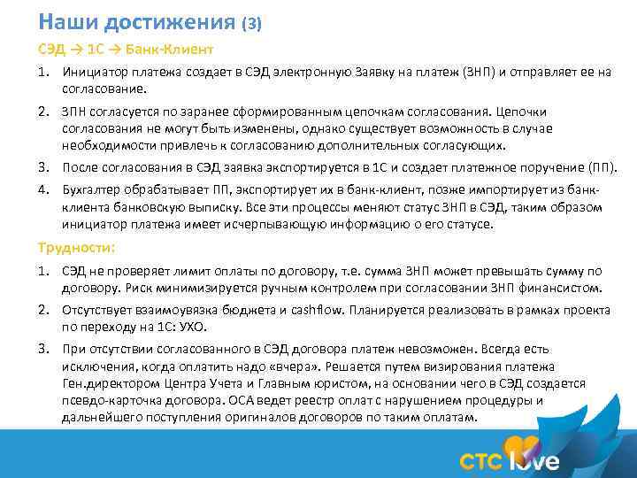 Наши достижения (3) СЭД → 1 С → Банк-Клиент 1. Инициатор платежа создает в