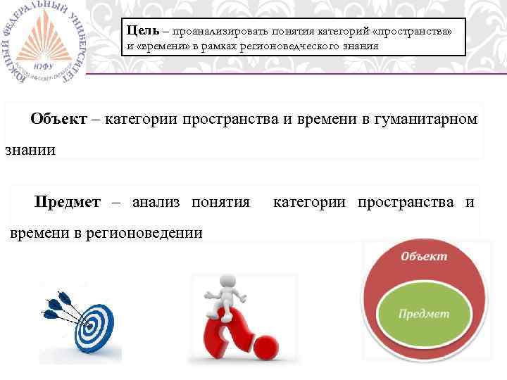 Цель – проанализировать понятия категорий «пространства» и «времени» в рамках регионоведческого знания Объект –