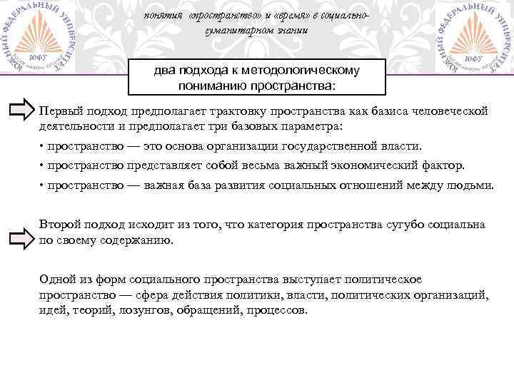 понятия «пространство» и «время» в социальногуманитарном знании два подхода к методологическому пониманию пространства: Первый