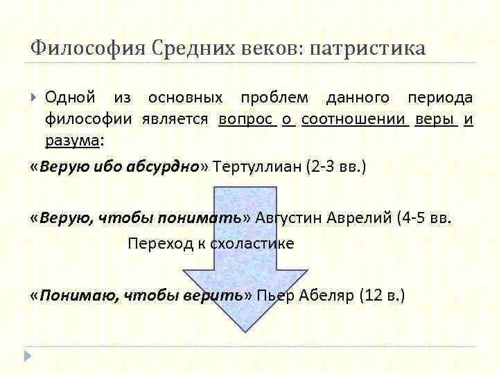Философия Средних веков: патристика Одной из основных проблем данного периода философии является вопрос о