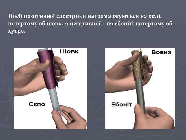 Носії позитивної електрики нагромаджуються на склі, потертому об шовк, а негативної – на ебоніті