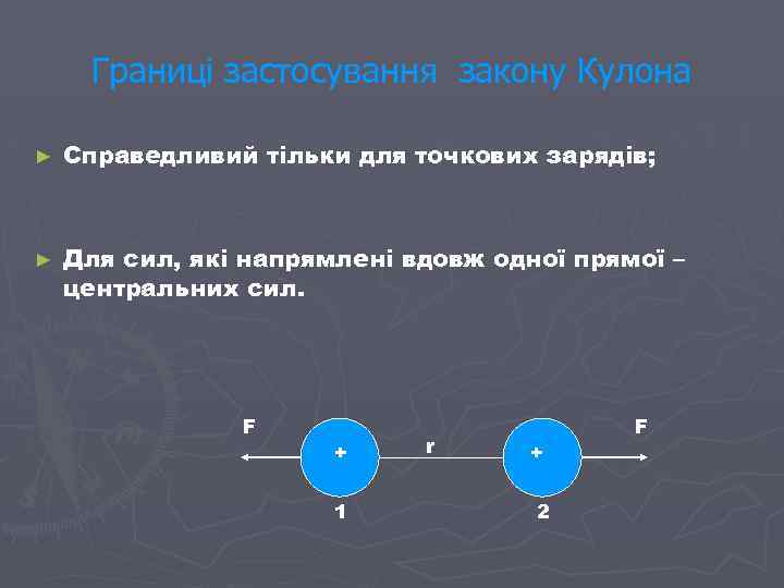 Границі застосування закону Кулона ► Справедливий тільки для точкових зарядів; ► Для сил, які