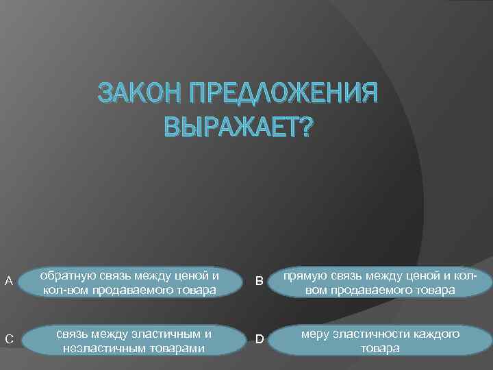 ЗАКОН ПРЕДЛОЖЕНИЯ ВЫРАЖАЕТ? A C обратную связь между ценой и кол-вом продаваемого товара связь