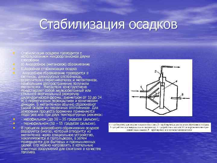 Стабилизация осадков • • Стабилизация осадков проводится с использованием микроорганизмов двумя способами. а) Анаэробное