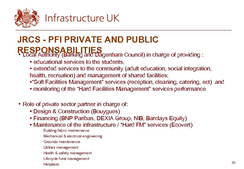 JRCS - PFI PRIVATE AND PUBLIC RESPONSABILITIES • Local Authority (Barking and Dagenham Council)