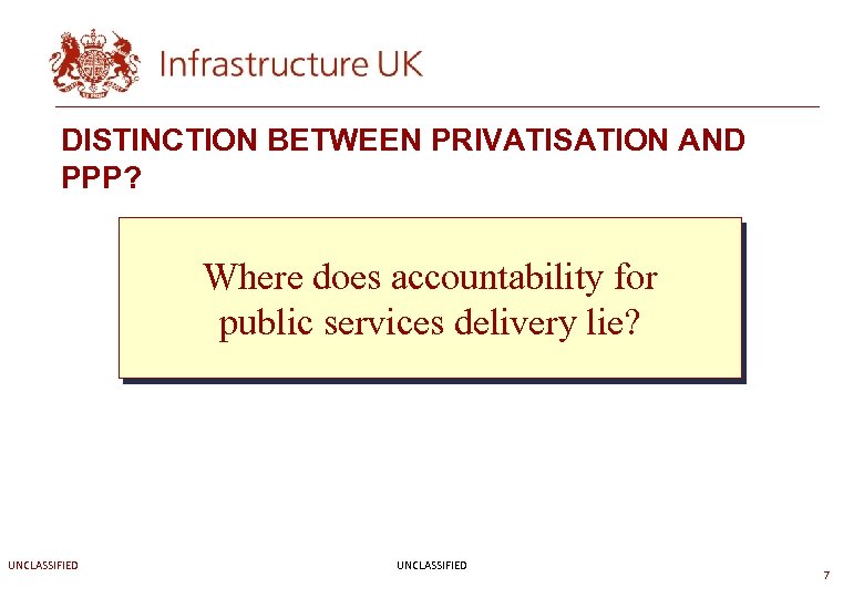 DISTINCTION BETWEEN PRIVATISATION AND PPP? Where does accountability for public services delivery lie? UNCLASSIFIED