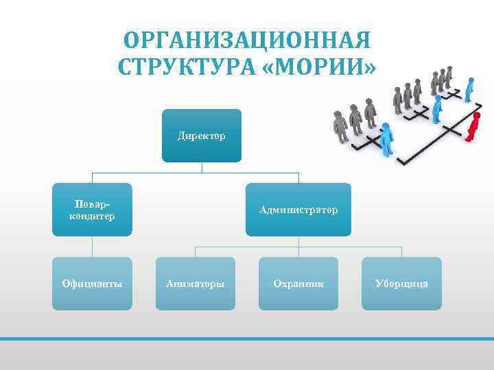 ОРГАНИЗАЦИОННАЯ СТРУКТУРА «МОРИИ» Директор Поваркондитер Официанты Администратор Аниматоры Охранник Уборщица 