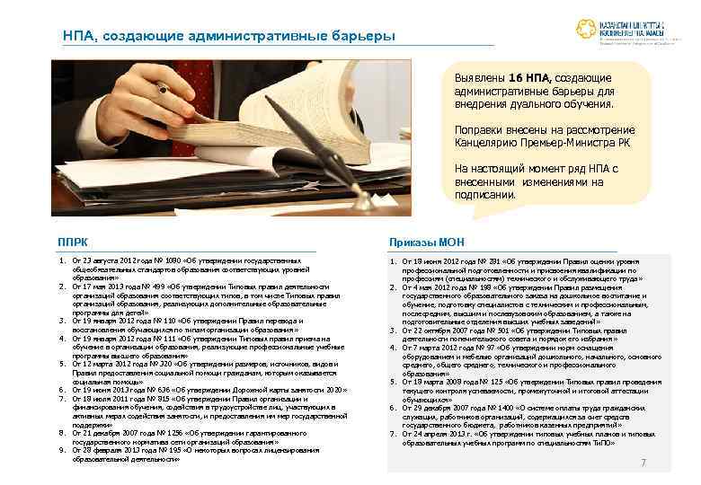 НПА, создающие административные барьеры Выявлены 16 НПА, создающие административные барьеры для внедрения дуального обучения.