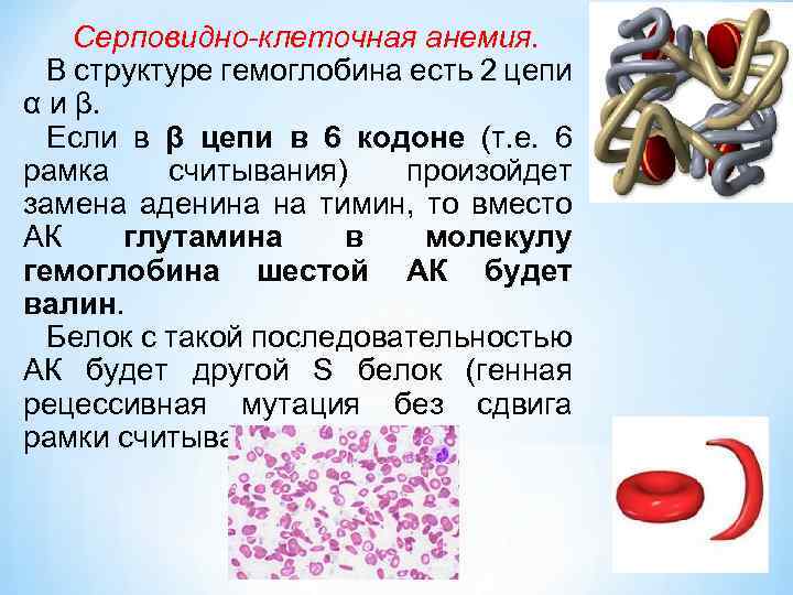 Серповидно-клеточная анемия. В структуре гемоглобина есть 2 цепи α и β. Если в β
