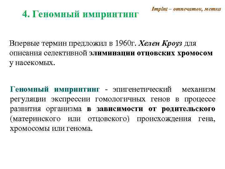 4. Геномный импринтинг Impint – отпечаток, метка Впервые термин предложил в 1960 г. Хелен