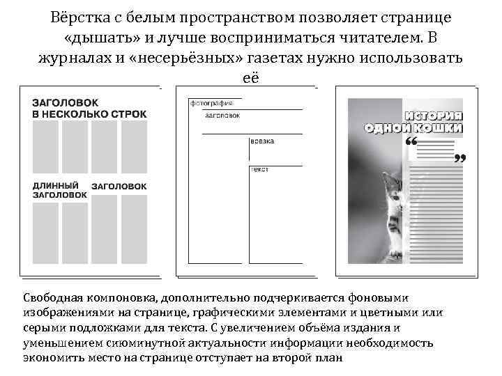Вёрстка с белым пространством позволяет странице «дышать» и лучше восприниматься читателем. В журналах и