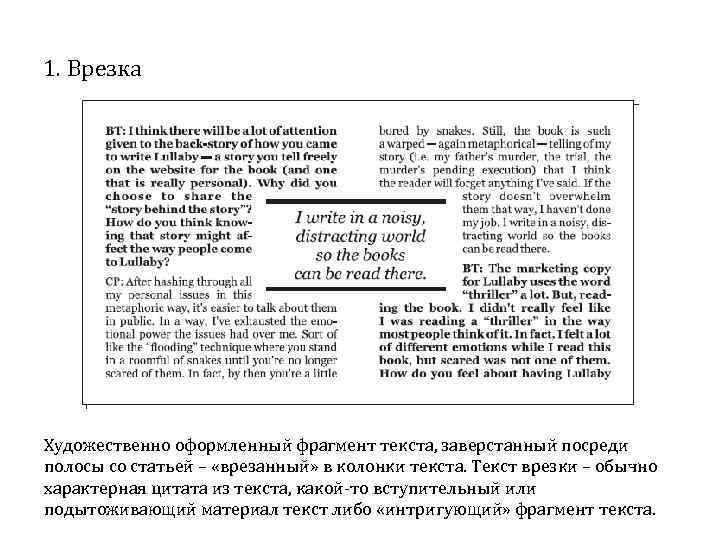 1. Врезка Художественно оформленный фрагмент текста, заверстанный посреди полосы со статьей – «врезанный» в