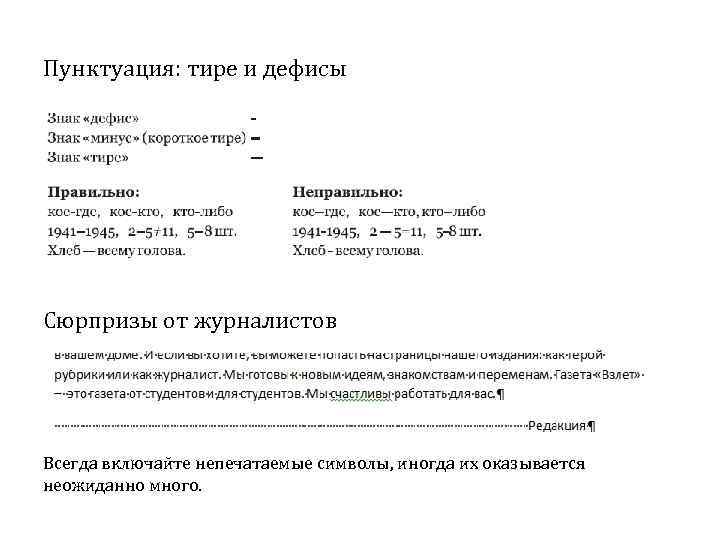 Пунктуация: тире и дефисы Сюрпризы от журналистов Всегда включайте непечатаемые символы, иногда их оказывается