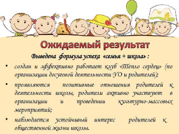 Ожидаемый результат Выведена формула успеха «семья + школа» : • создан и эффективно работает