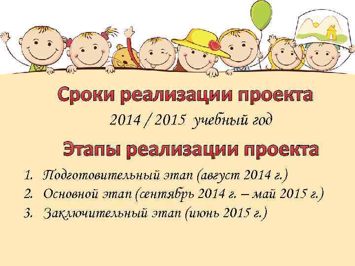 Сроки реализации проекта 2014 / 2015 учебный год Этапы реализации проекта 1. Подготовительный этап