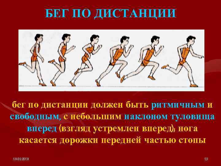БЕГ ПО ДИСТАНЦИИ бег по дистанции должен быть ритмичным и свободным, с небольшим наклоном