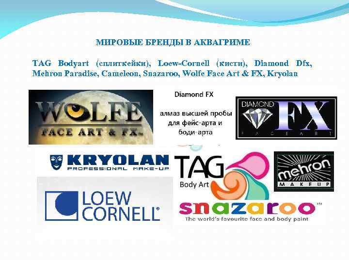 МИРОВЫЕ БРЕНДЫ В АКВАГРИМЕ TAG Воdyart (сплиткейки), Loew-Cornell (кисти), Diamond Dfx, Mehron Paradise, Саmeleon,