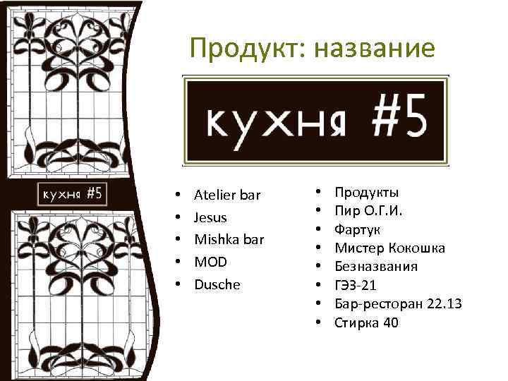 Продукт: название • • • Atelier bar Jesus Mishka bar MOD Dusche • •