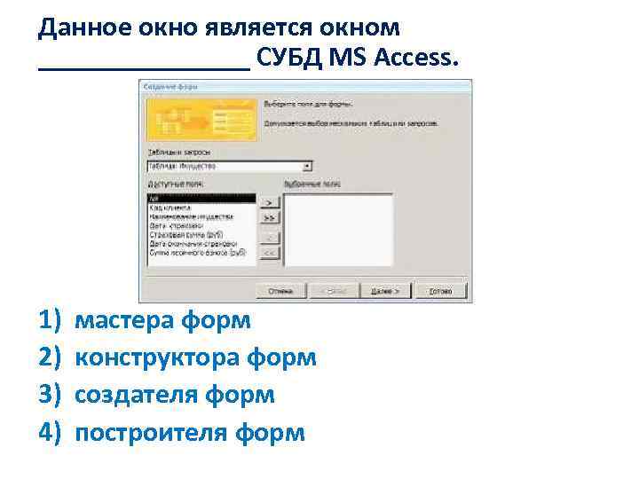 Данное окно является окном ________ СУБД MS Access. 1) 2) 3) 4) мастера форм