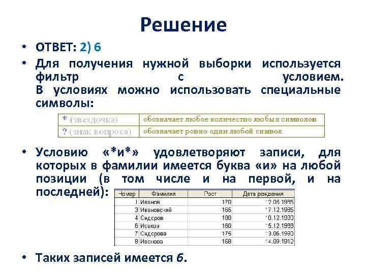 Решение • ОТВЕТ: 2) 6 • Для получения нужной выборки используется фильтр с условием.