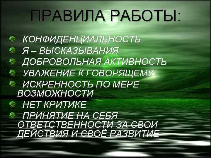 ПРАВИЛА РАБОТЫ: КОНФИДЕНЦИАЛЬНОСТЬ Я – ВЫСКАЗЫВАНИЯ ДОБРОВОЛЬНАЯ АКТИВНОСТЬ УВАЖЕНИЕ К ГОВОРЯЩЕМУ ИСКРЕННОСТЬ ПО МЕРЕ