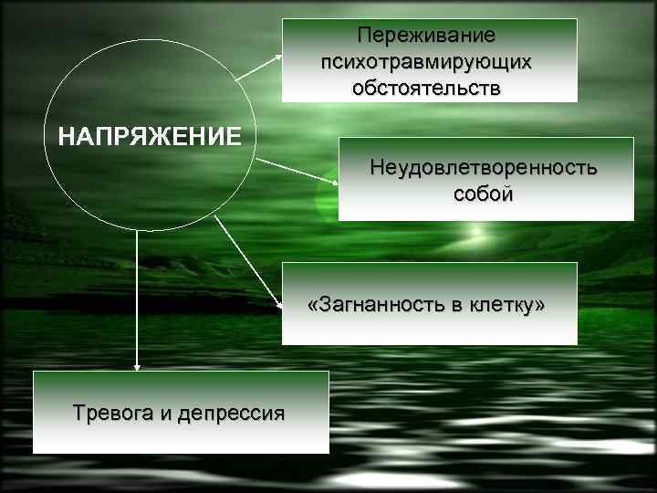 Переживание психотравмирующих обстоятельств НАПРЯЖЕНИЕ Неудовлетворенность собой «Загнанность в клетку» Тревога и депрессия 