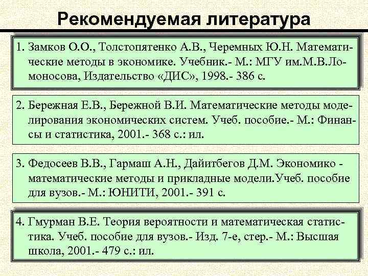 Рекомендуемая литература 1. Замков О. О. , Толстопятенко А. В. , Черемных Ю. Н.