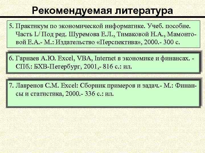 Рекомендуемая литература 5. Практикум по экономической информатике. Учеб. пособие. Часть I. / Под ред.