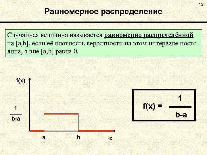 13 Равномерное распределение Случайная величина называется равномерно распределённой на [a, b], если её плотность