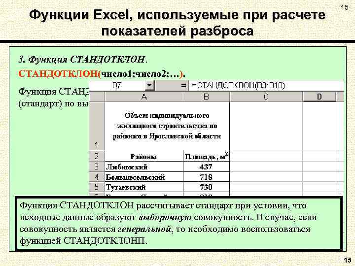 Функции Excel, используемые при расчете показателей разброса 15 3. Функция СТАНДОТКЛОН(число 1; число 2;