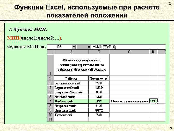 Функции Excel, используемые при расчете показателей положения 3 1. Функция МИН(число 1; число 2;