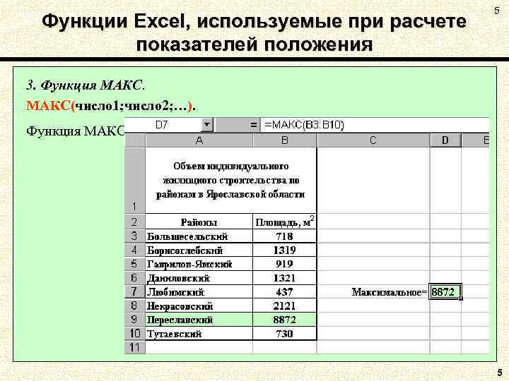 Функции Excel, используемые при расчете показателей положения 5 3. Функция МАКС(число 1; число 2;